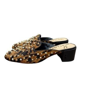 SAM EDELMAN womens size 6 1/2 Augustus leopard cow hair studded slip on mules